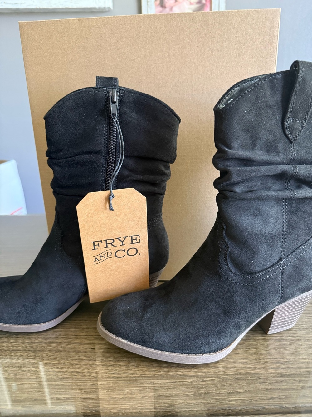 Frye Black faux Suede Mid-Calf Slouchy Western Heeled Boots